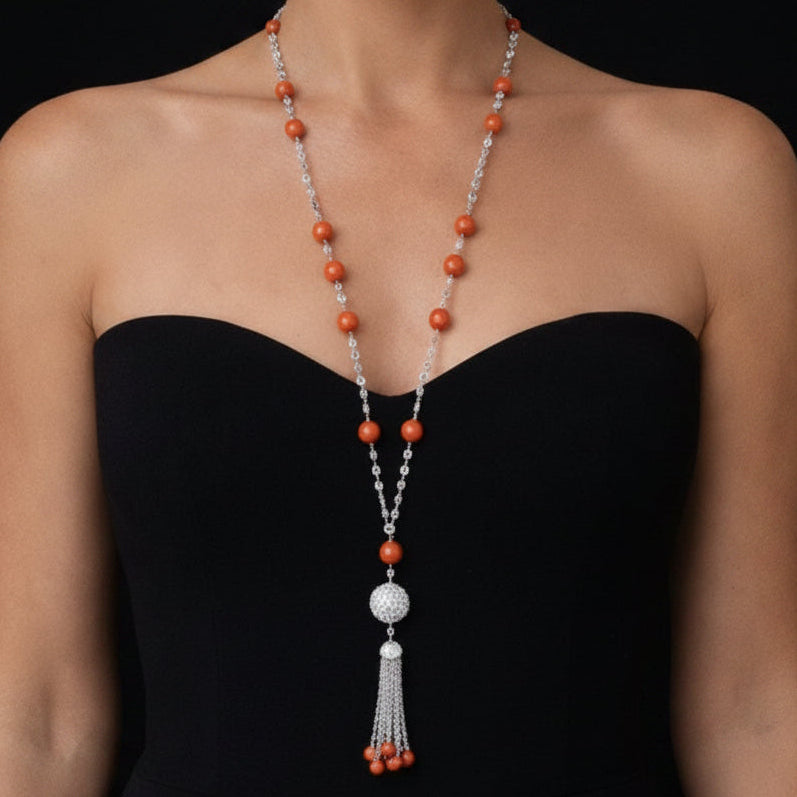 Estate Italian Designer Busatti 70.00cttw Diamond and Coral 18Kt White Gold Necklace