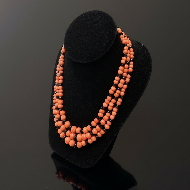 Italy Diamond, Coral and Onyx 18K Yellow Gold 3 Row Necklace