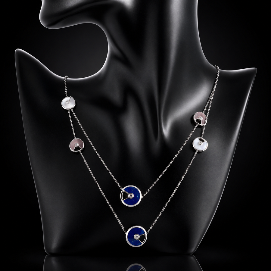 Estate Cartier Amulette Collection Diamond, Mother of Pearl, Lapis 18Kt White Gold Necklace