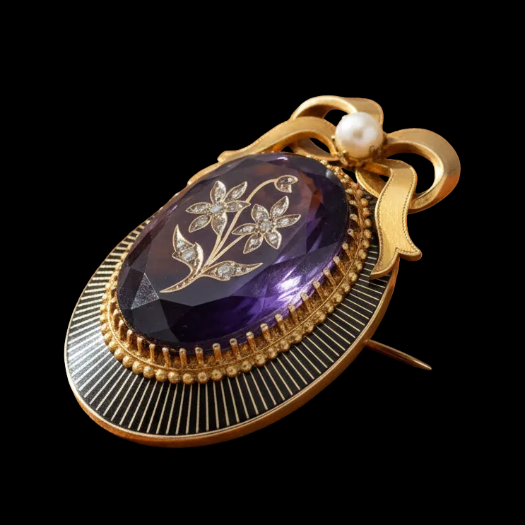 Circa 1890's Amethyst, Pearl, Diamond and 18K Yellow Gold Pendant/Brooch
