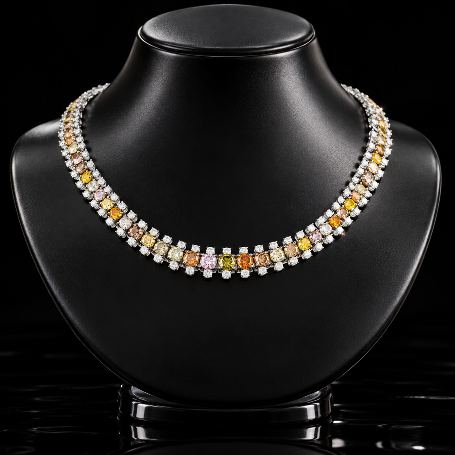 Estate Oscar Heyman Natural Fancy Pink, Green,Orange & White Diamond Platinum Necklace