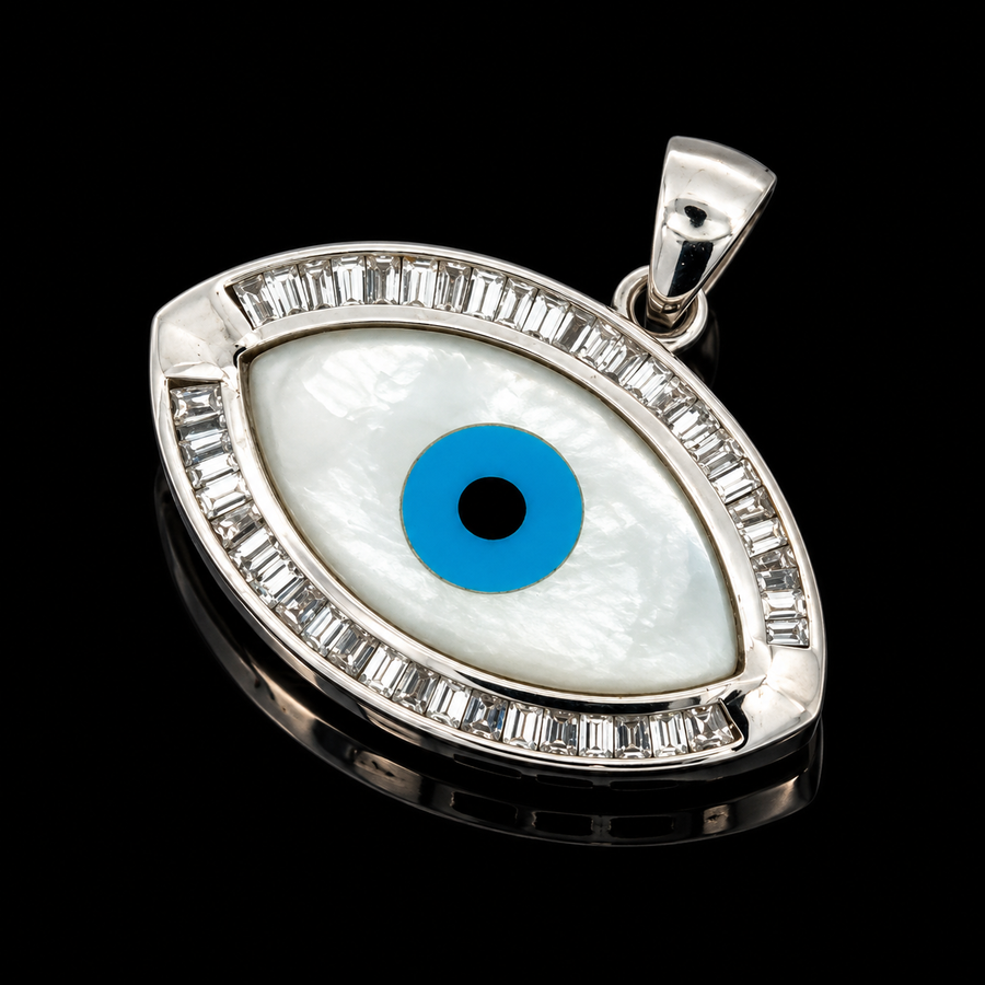 Estate Good Luck Diamond & Mother Of Pearl, Turquoise 18KT White Gold Pendant