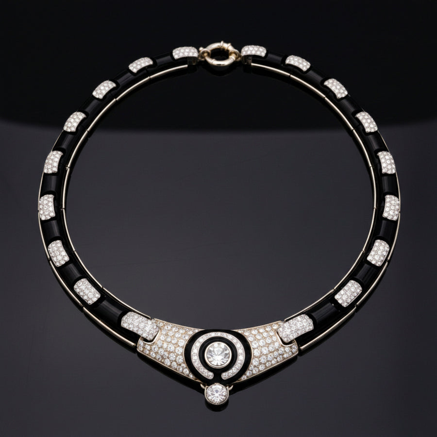 Estate Italian Diamond and Onyx Classy 18K White & Yellow Necklace