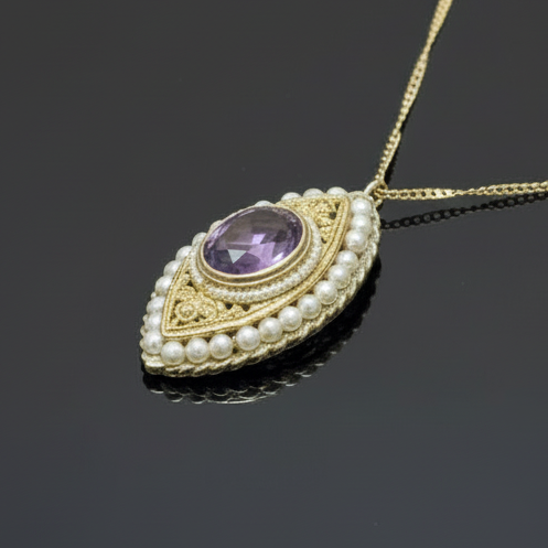 1890's Victorian Amethyst and Seed Pearl Necklace and Brooch