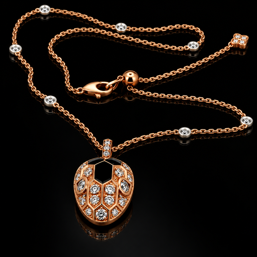 Estate Diamond & Black Enamel 18KT White/Rose Gold Snake Head Necklace