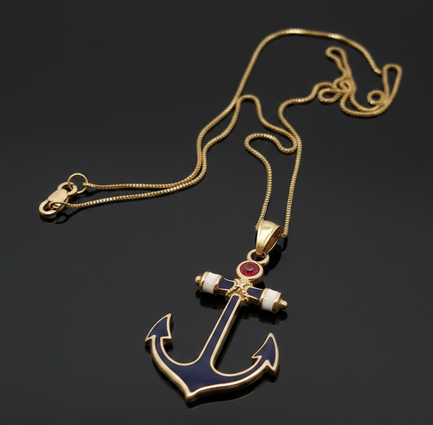 Yacht Lady Anchor Red White Blue 14K Yellow Gold Necklace