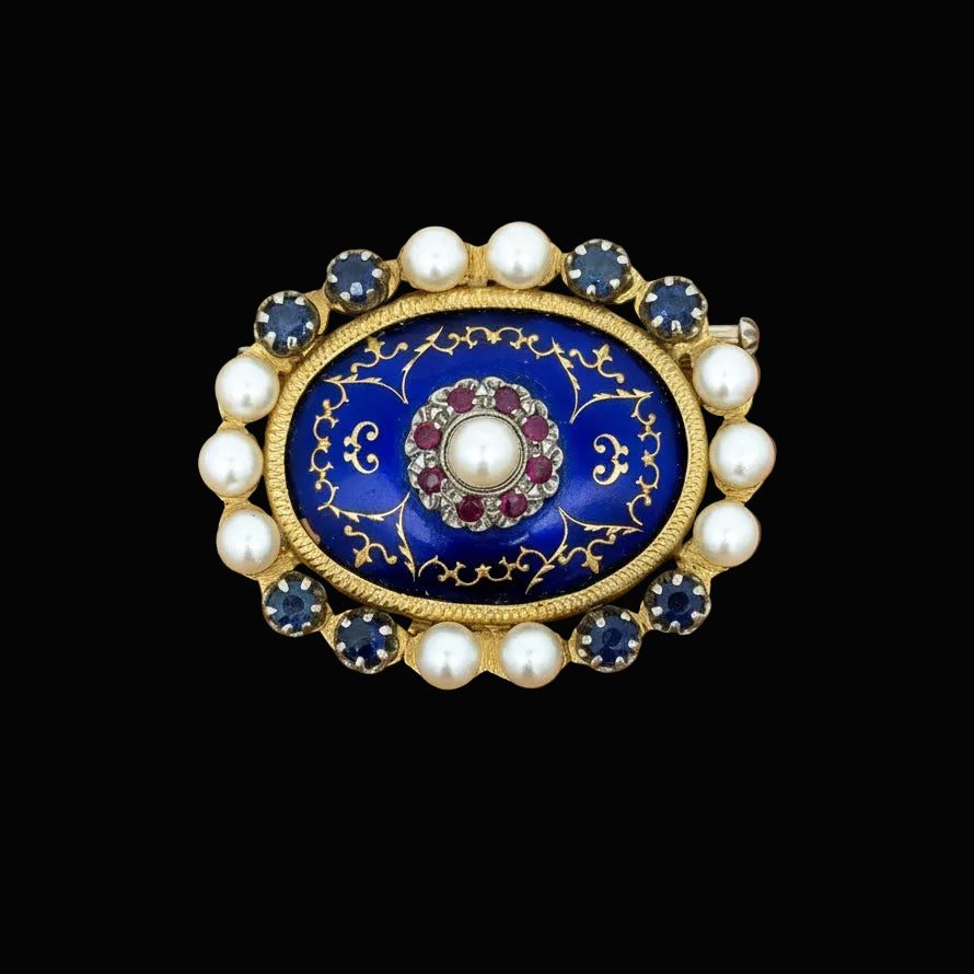 Victorian Revival Cobalt Blue Enamel, Pearl, Pink and Blue Sapphire 18K Yellow Gold Brooch