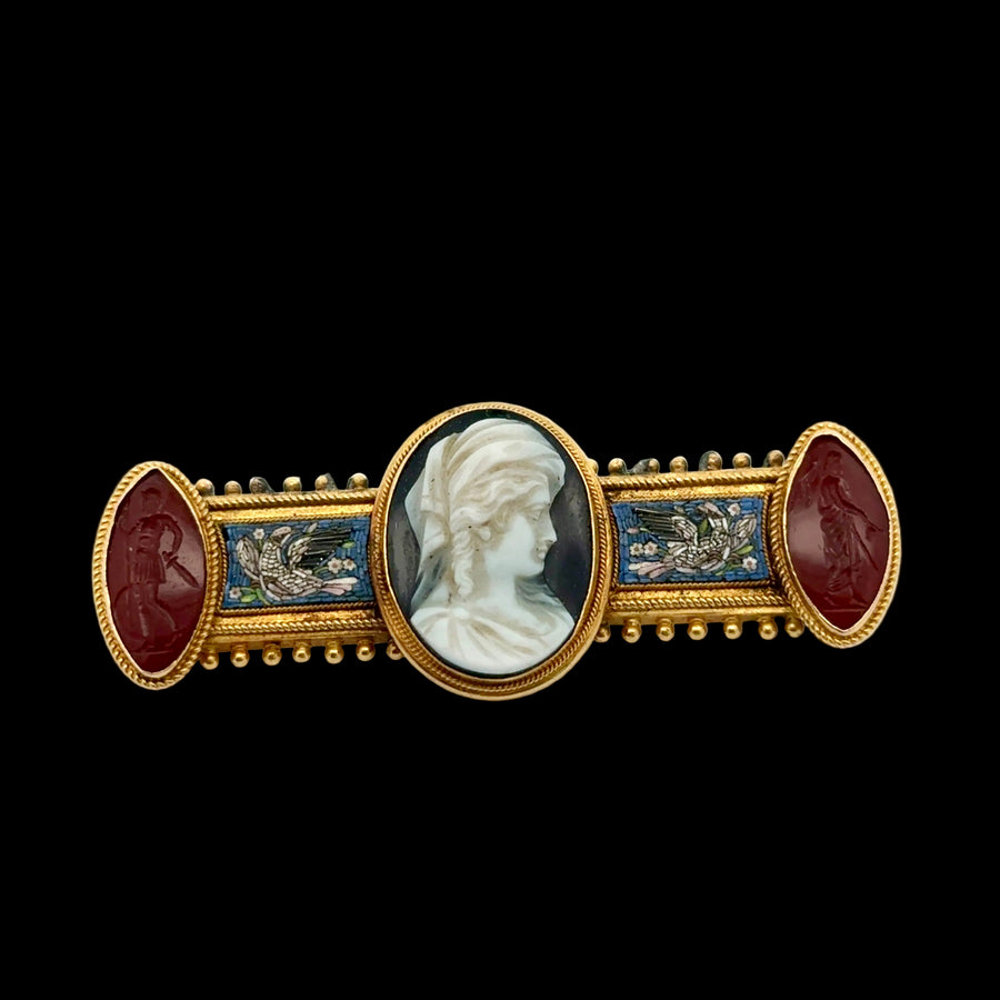 Circa 1870 Italian Archaeological Revival 18K Yellow Gold Hardstone Cameo, Carnelian Intaglio and Micro-mosaic Brooch