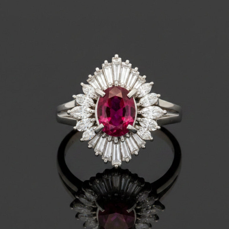 Mid Century Modern Ruby and Diamond Platinum Ring