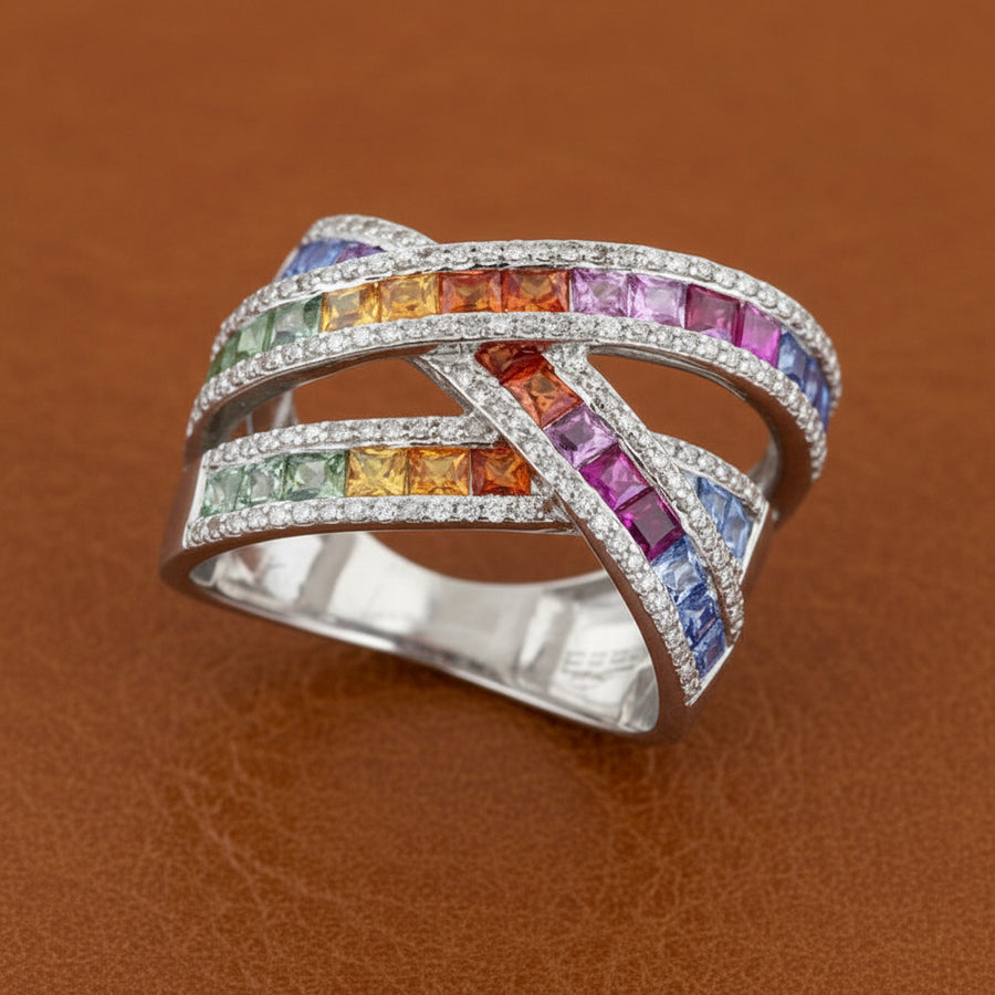 Effy Multi Color Sapphire, Diamond, and 14K White Gold Bypass Ring