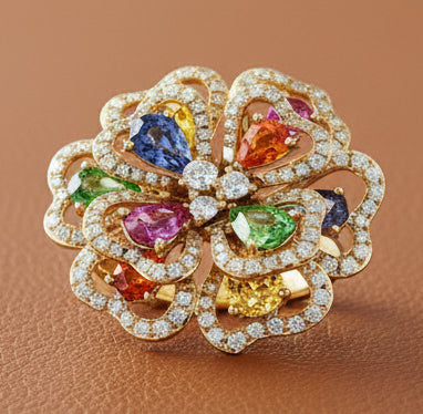 Effy Multi Color Sapphire, Tsavorite, Diamond and 14K Yellow Gold Flower Inspired Ring