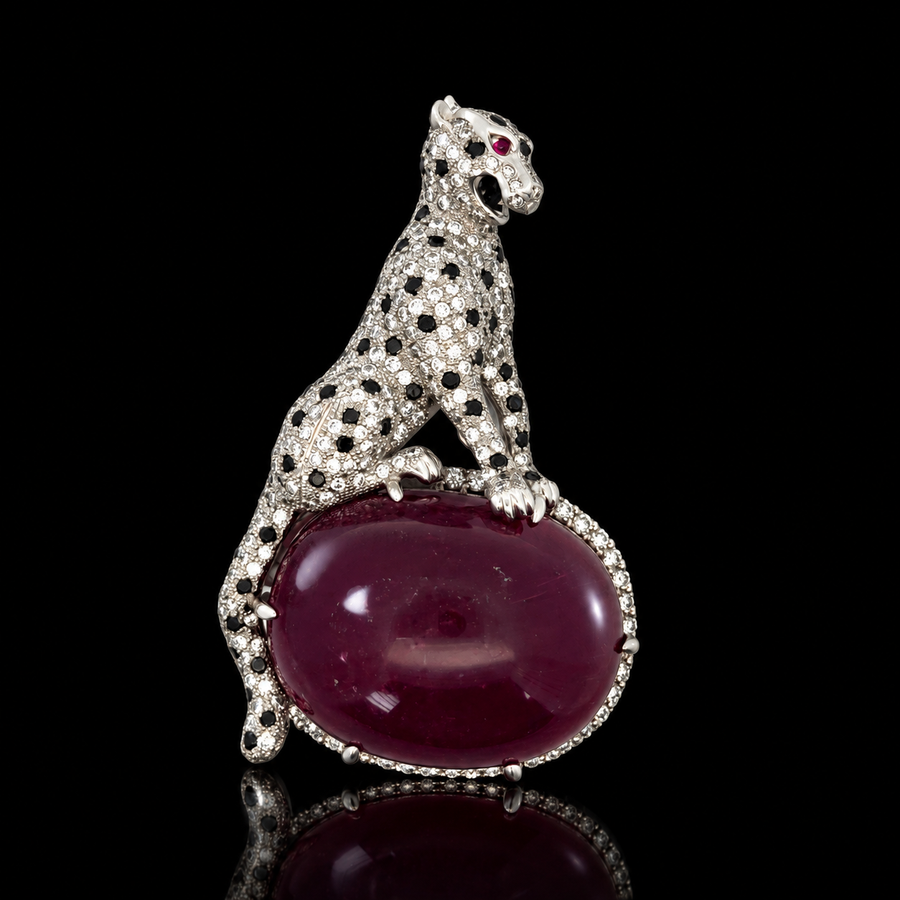 Estate Panthere 130.75ct. Rubellite, Diamond & Ruby Platinum Pendant/Brooch