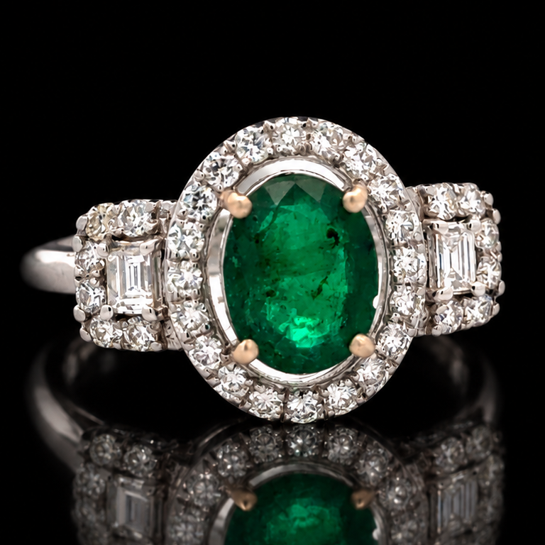 Estate Emerald & Diamond 18KT White Gold Ring