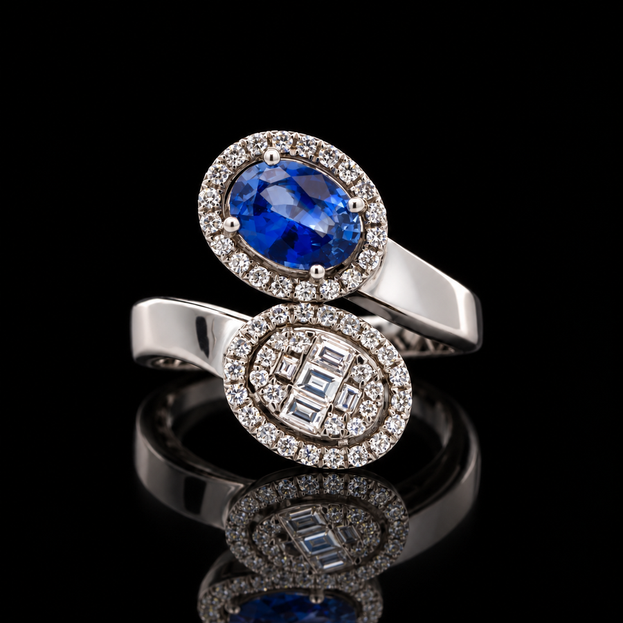 Estate Sapphire & Diamond 18KT White Gold ByPass Ring