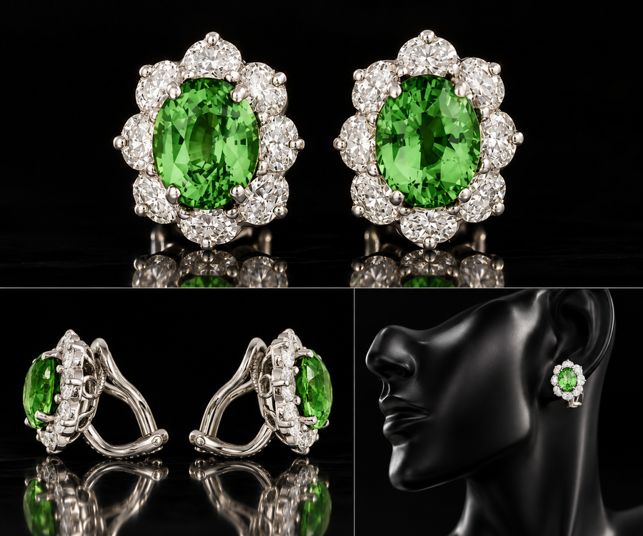 Estate Oscar Heyman Natural 6.15cttw Tsavorite and Diamond Platinum Earring (CDC Report)