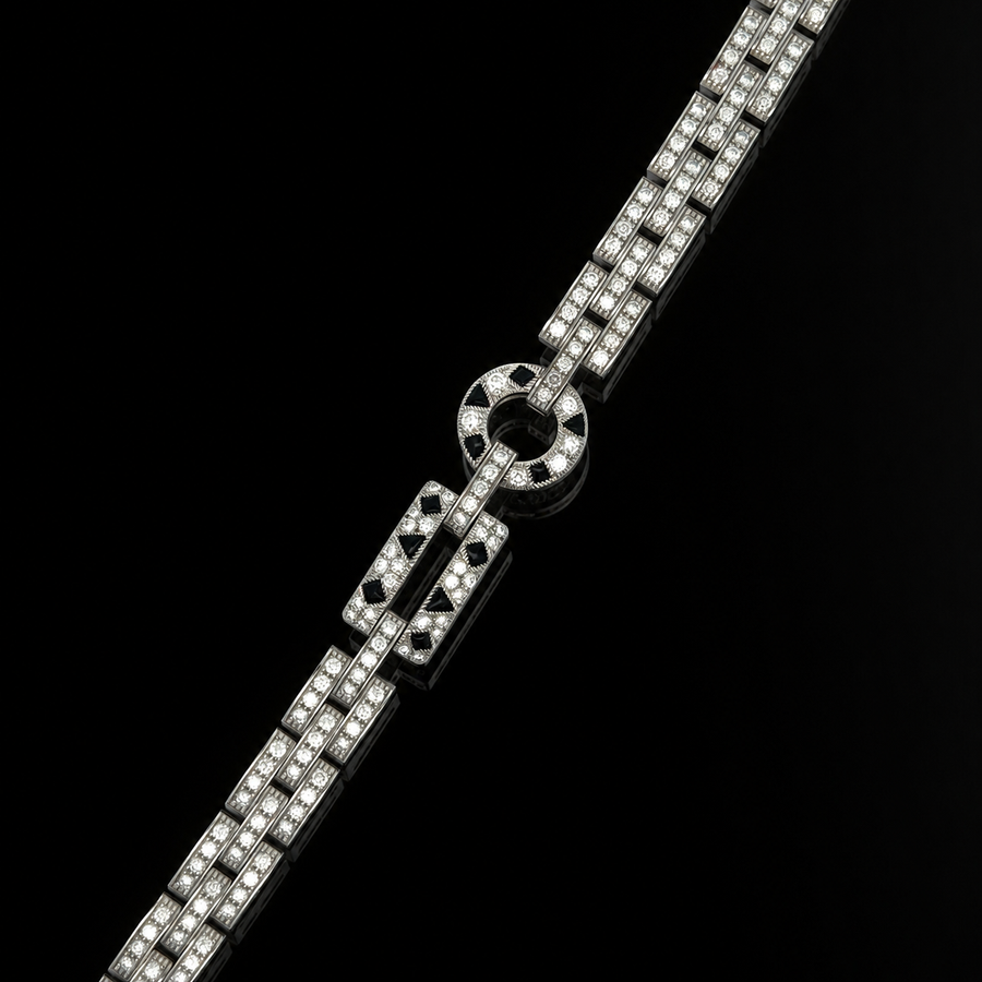 Estate Panthere De Cartier Diamond Onyx 18K White Gold Bracelet