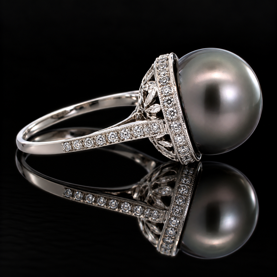 Estate 15.00mm Tahitian Pearl and Diamond Platinum Ring