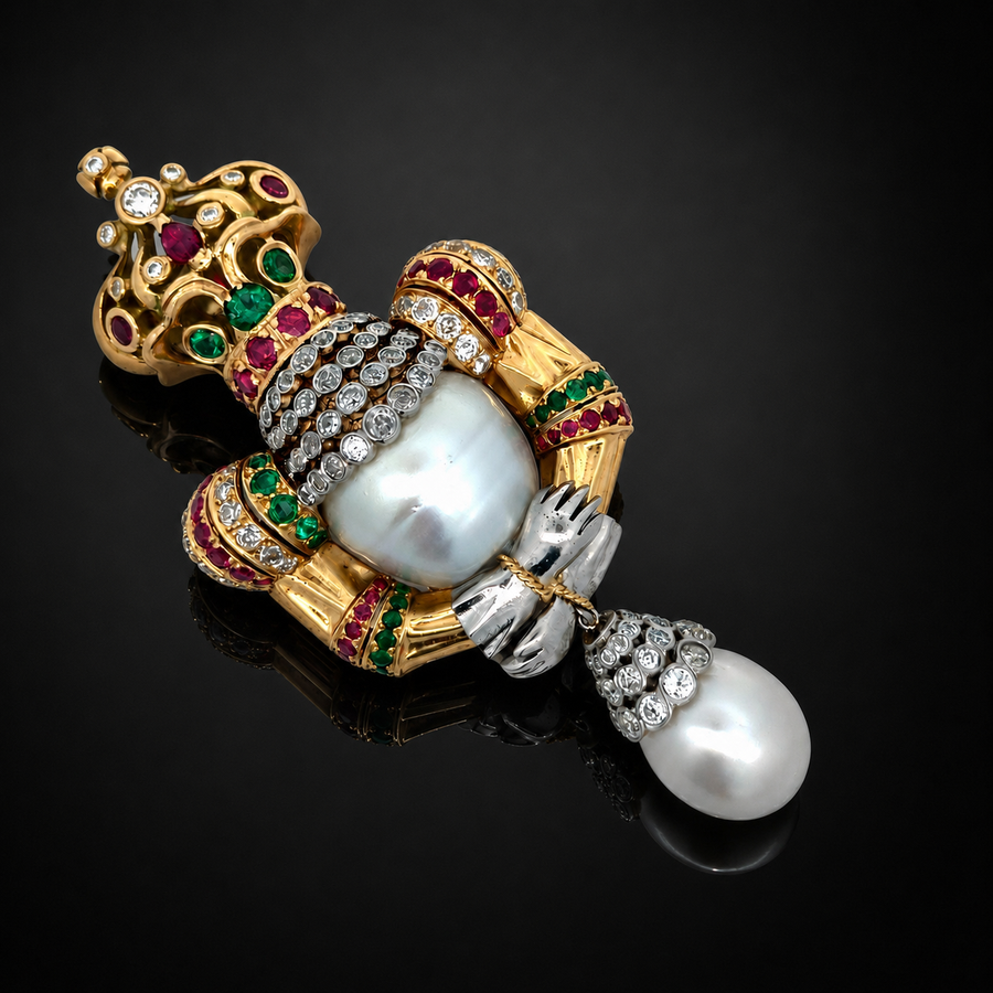Estate Royal Coronation Diamond, Emerald, Burma Ruby, South Sea Pearl Pendant/Brooch 18Kt Yellow/White Gold