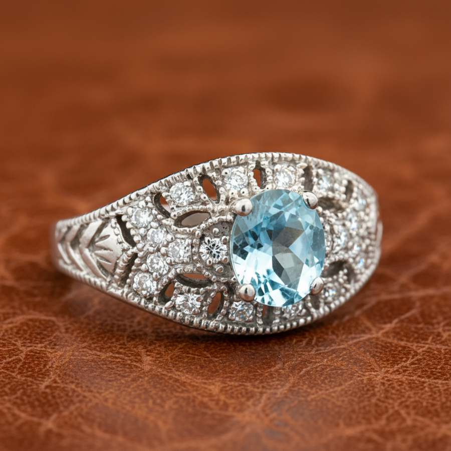 Aquamarine, Diamond,  and 14K White Gold Antique Ring
