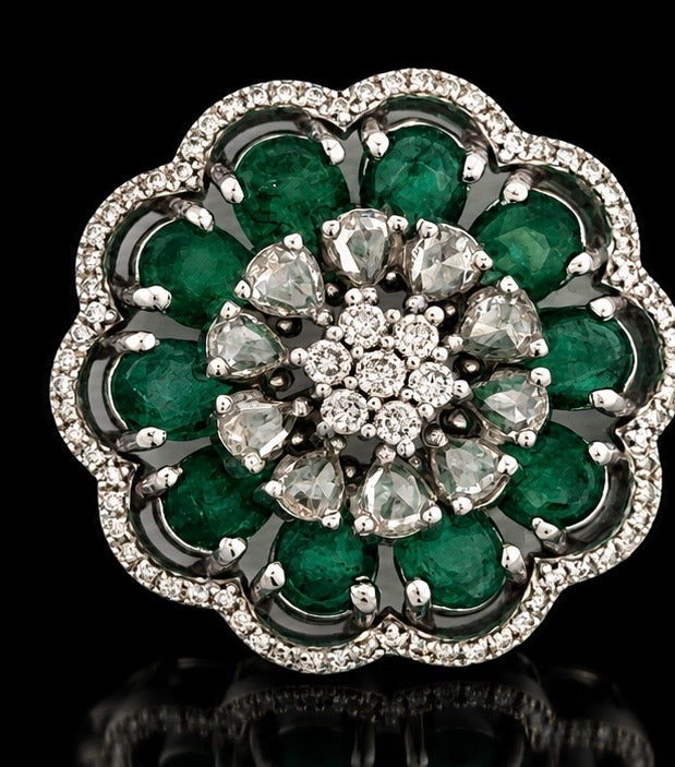 Designer Marchisio Emerald & Rose Cut Diamond 18K White Gold Pendant
