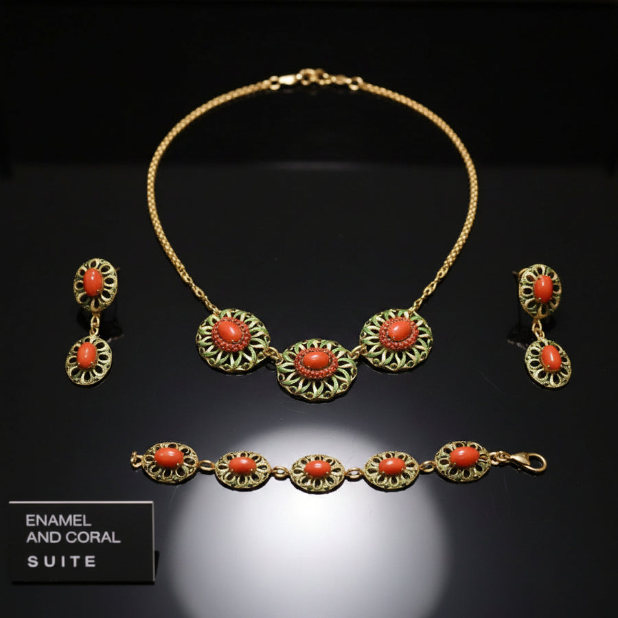 Italian 1960's Coral, Green & White Enamel 14kt/18kt Yellow Gold set