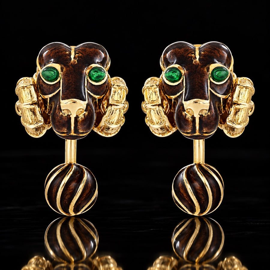 Estate David Webb Ram Head Green & Brown Enamel 18K Yellow Gold Cuff Links