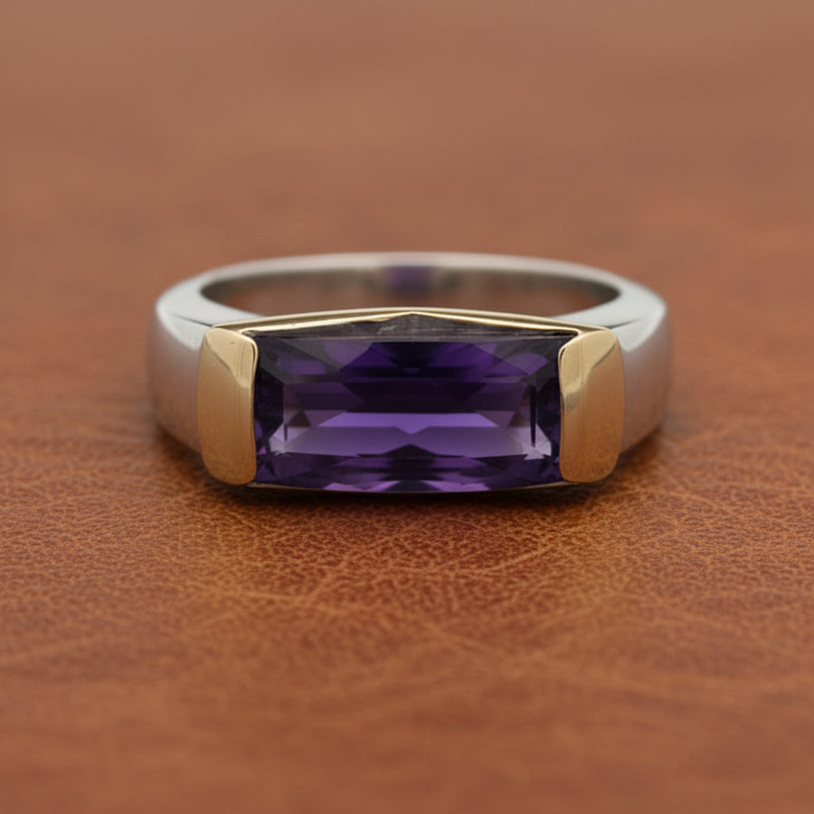 Italian Designer Checker Board Cut Amethyst 18K Yellow and White Gold Ring
