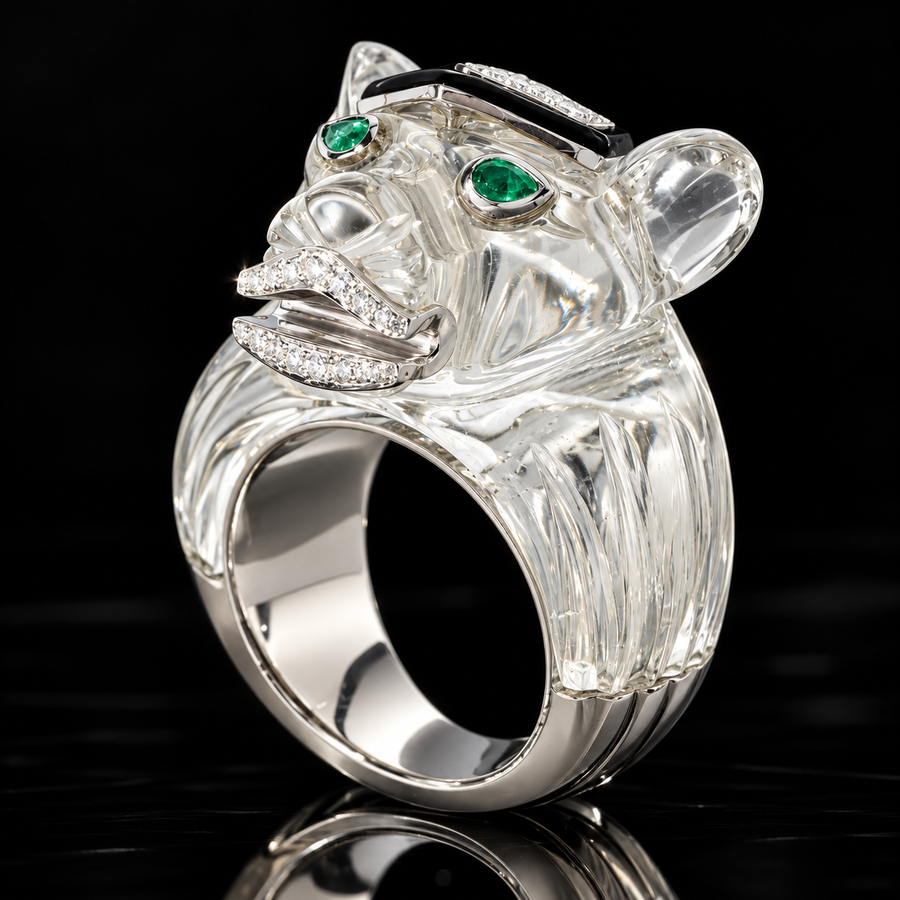 Estate David Webb Carved Rock Crystal Lioness Diamond, Emerald and Black Enamel 18k White Gold / Platinum Ring