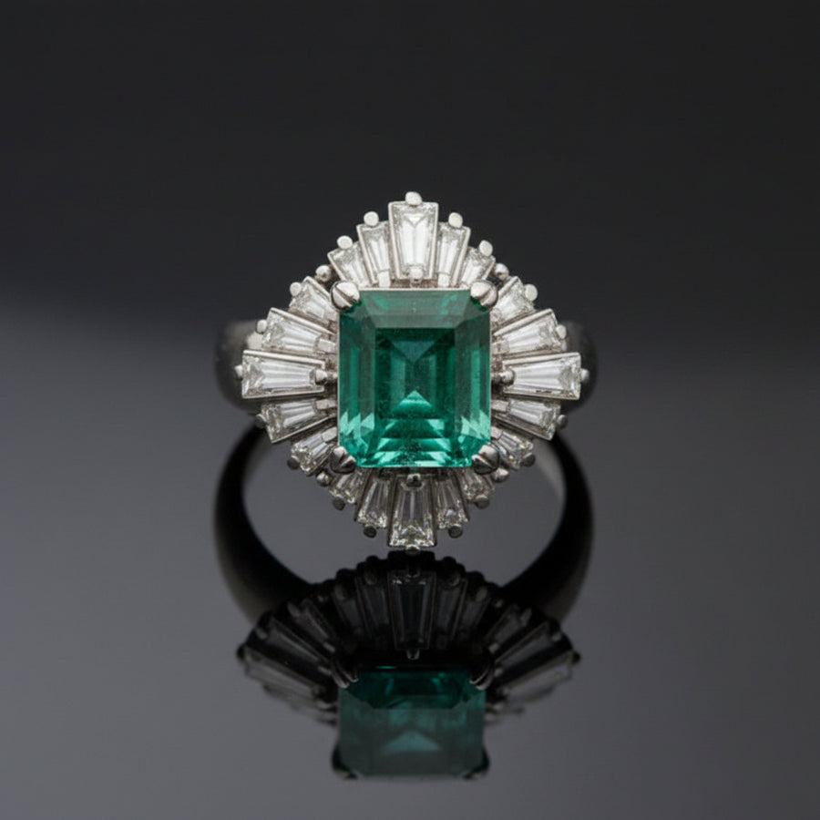 Mid Century Modern Colombia Emerald and Diamond Platinum Ring