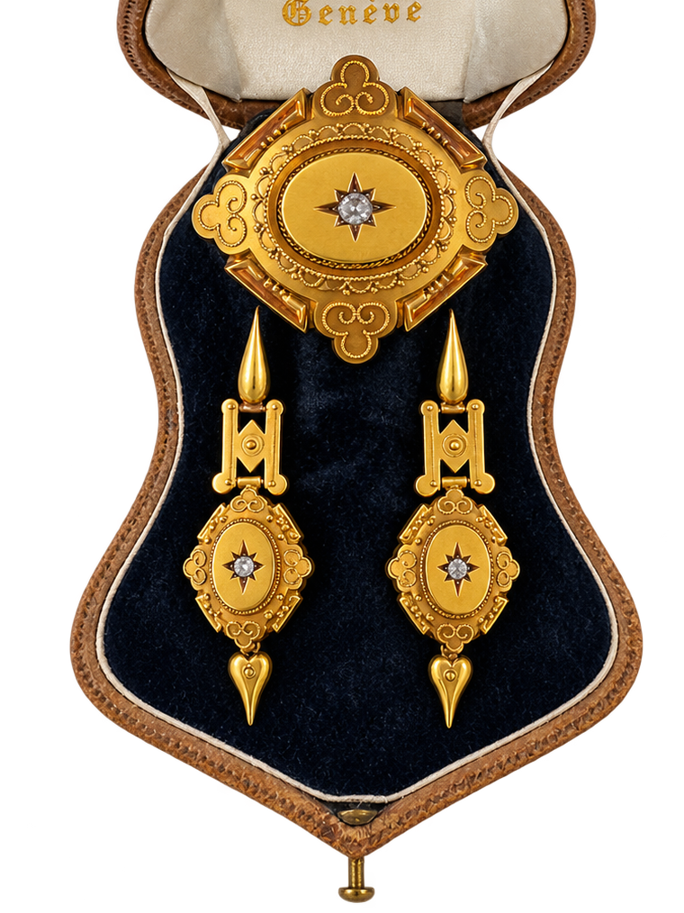 Victorian Estate Liodet-Geneva Switerland 15KT Yellow Gold & Rose Cut Diamond Earrings, Pendant & Brooch Locket. Original Fitted Box Circa 1855-1870