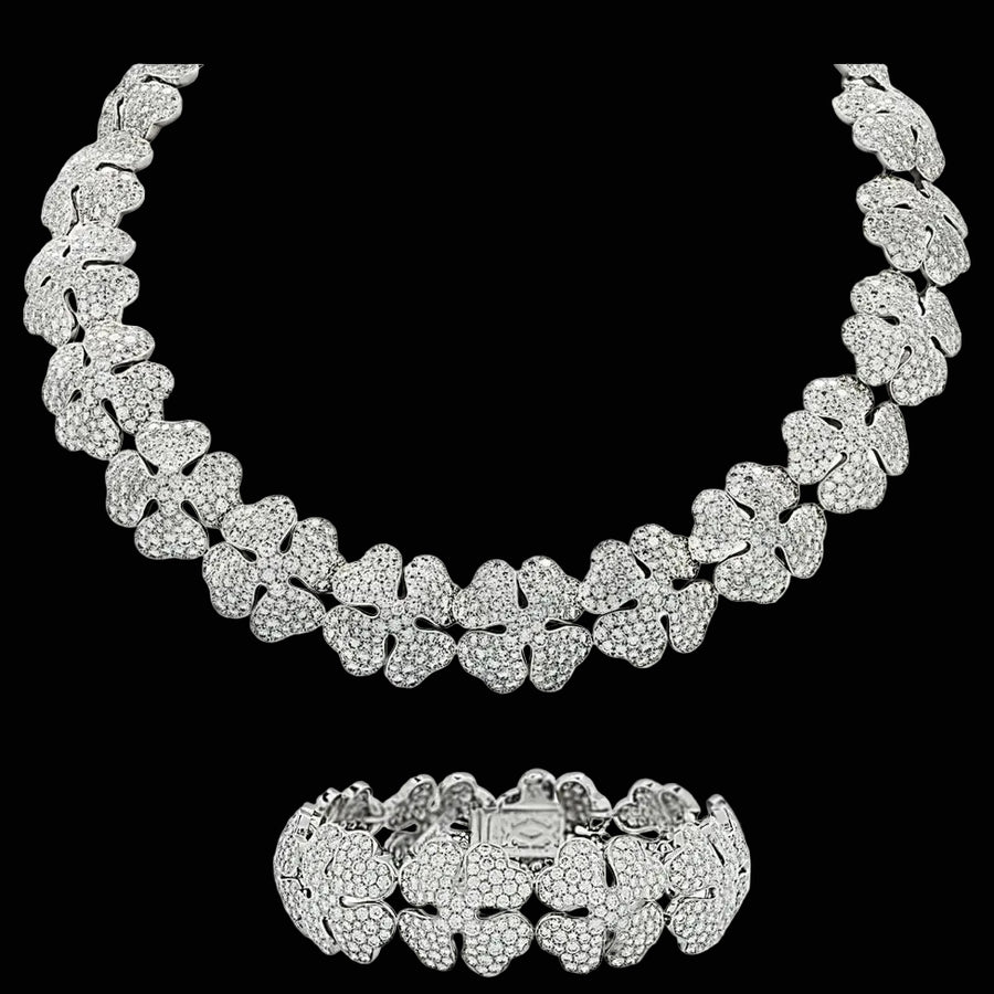 Estate Vintage Cartier 80.19cttw Diamond Clover 18Kt White Gold Necklace & Bracelet Set