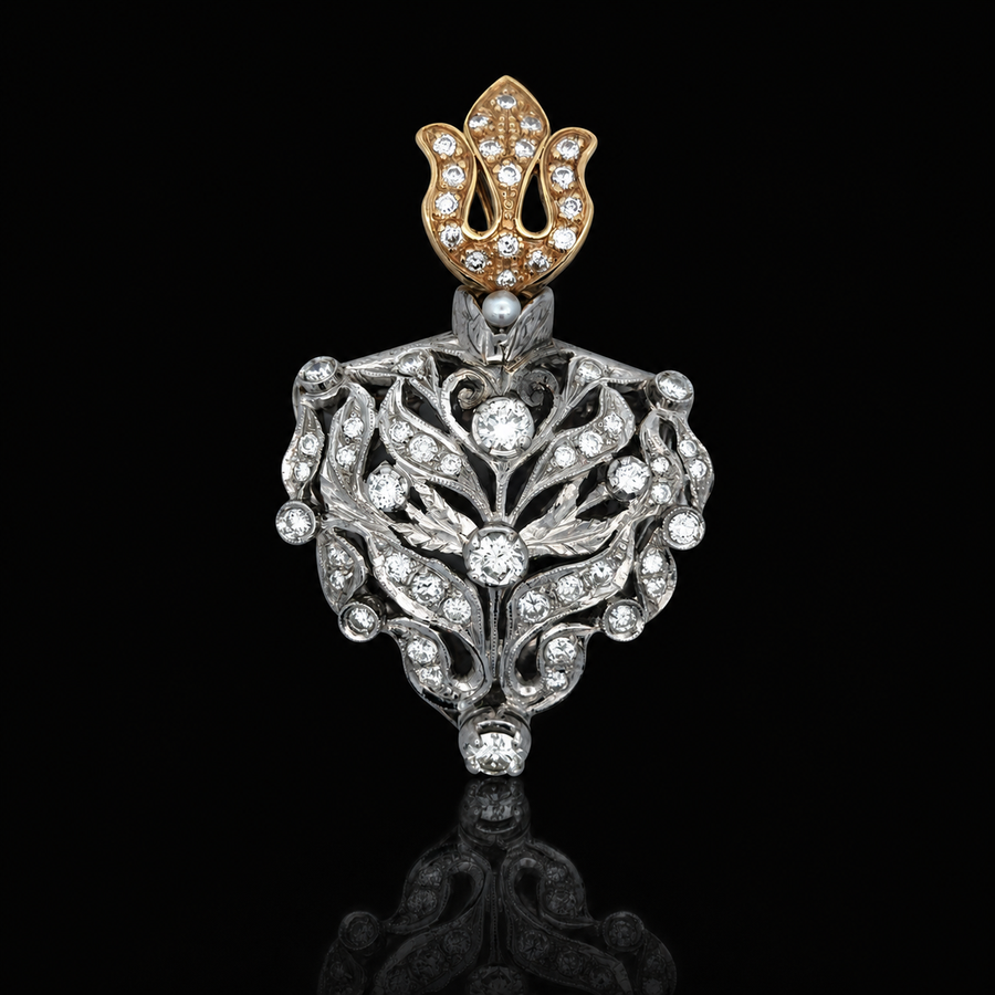 Estate Edwardian 1910 3.25cttw Diamond & Pearl 18Kt White & Yellow Gold Pendant