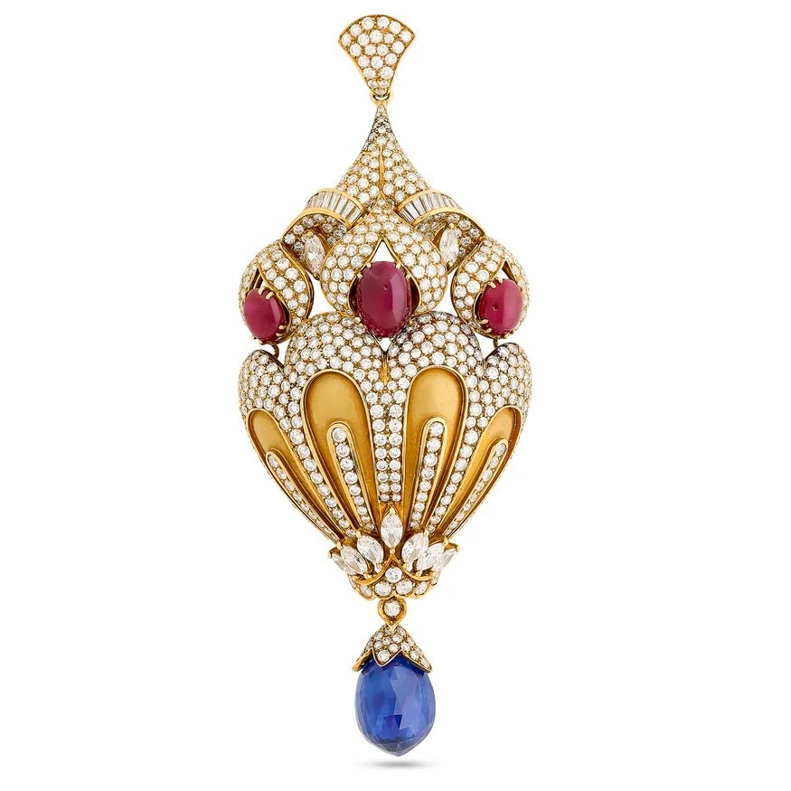 Personal Estate of Sultan of Brunei Hassanal Bolkiah Designer S. Hafner 50 ct No Heat Ceylon Sapphire, Ruby, Diamond 18Kt Yellow Gold Pendant