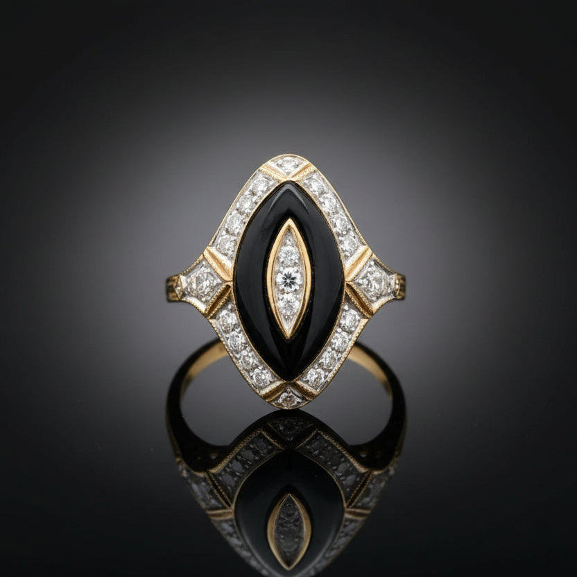 Onyx & Diamond 18K  Yellow Gold Ring