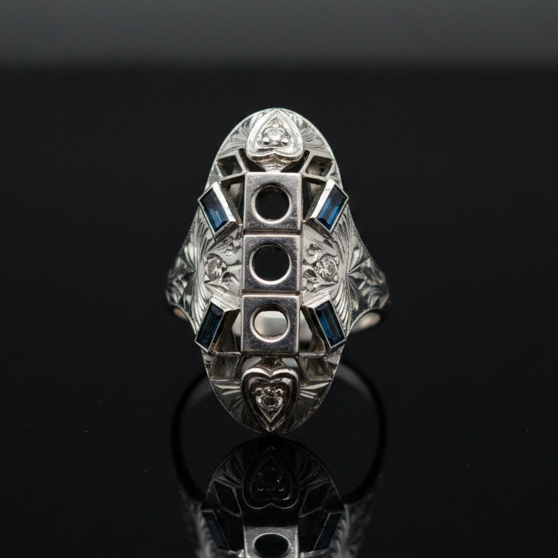 Vintage Sapphire & Diamond 18K White Gold Semi mount