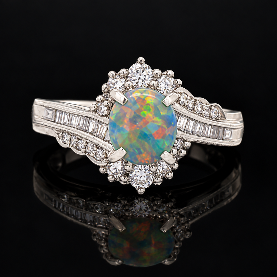Estate .84ct. Black Opal & Diamond Platinum Ring