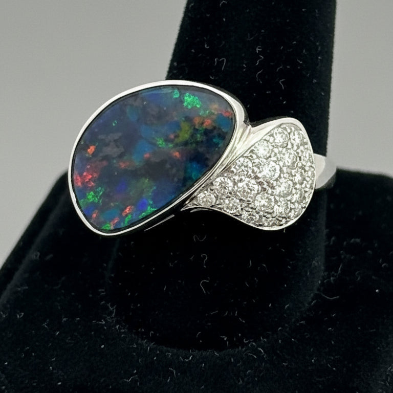 Estate Designer Freeform 4.26ct Black Opal Diamond Platinum Ring 14983