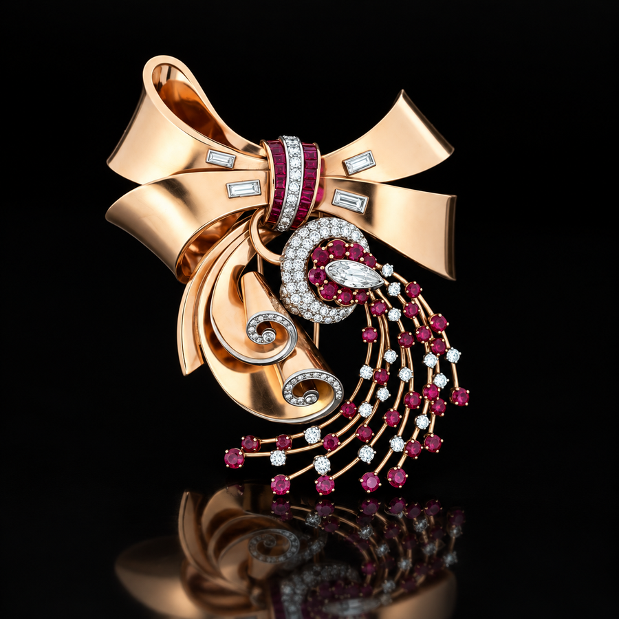 Retro 1940's Diamond, Ruby and 14k Rose Gold Pendant/Brooch