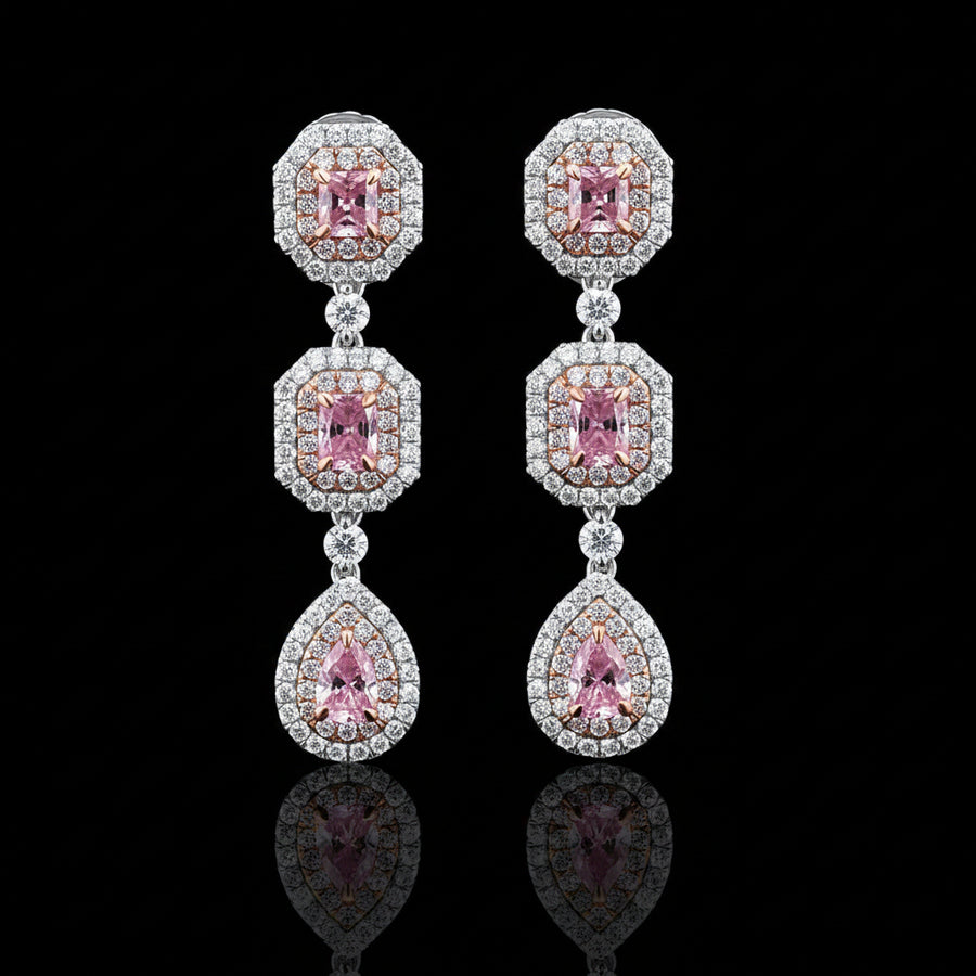 Contemporary Natural Fancy Intense Pink/White Diamond 18K White & Rose Gold Drop Earrings (6 GIA Reports)