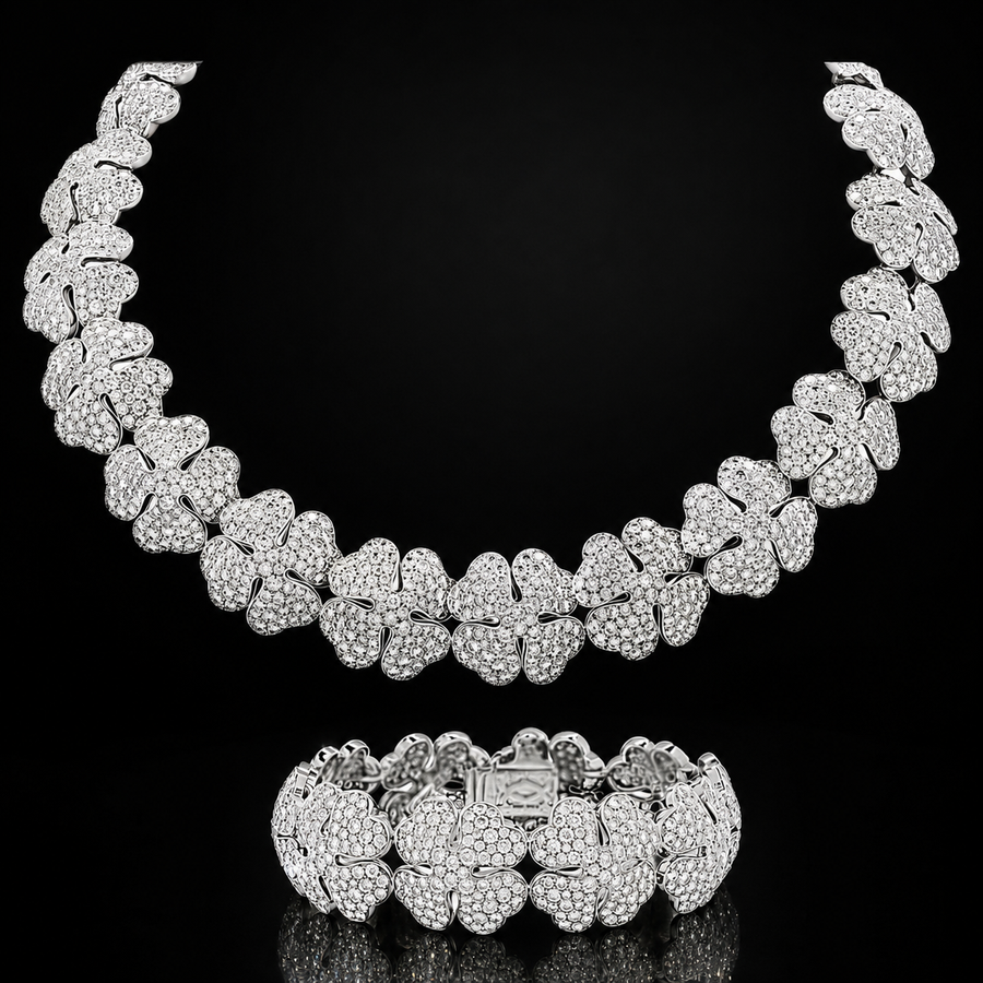 Estate Vintage Cartier 80.19cttw Diamond Clover 18Kt White Gold Necklace & Bracelet Set