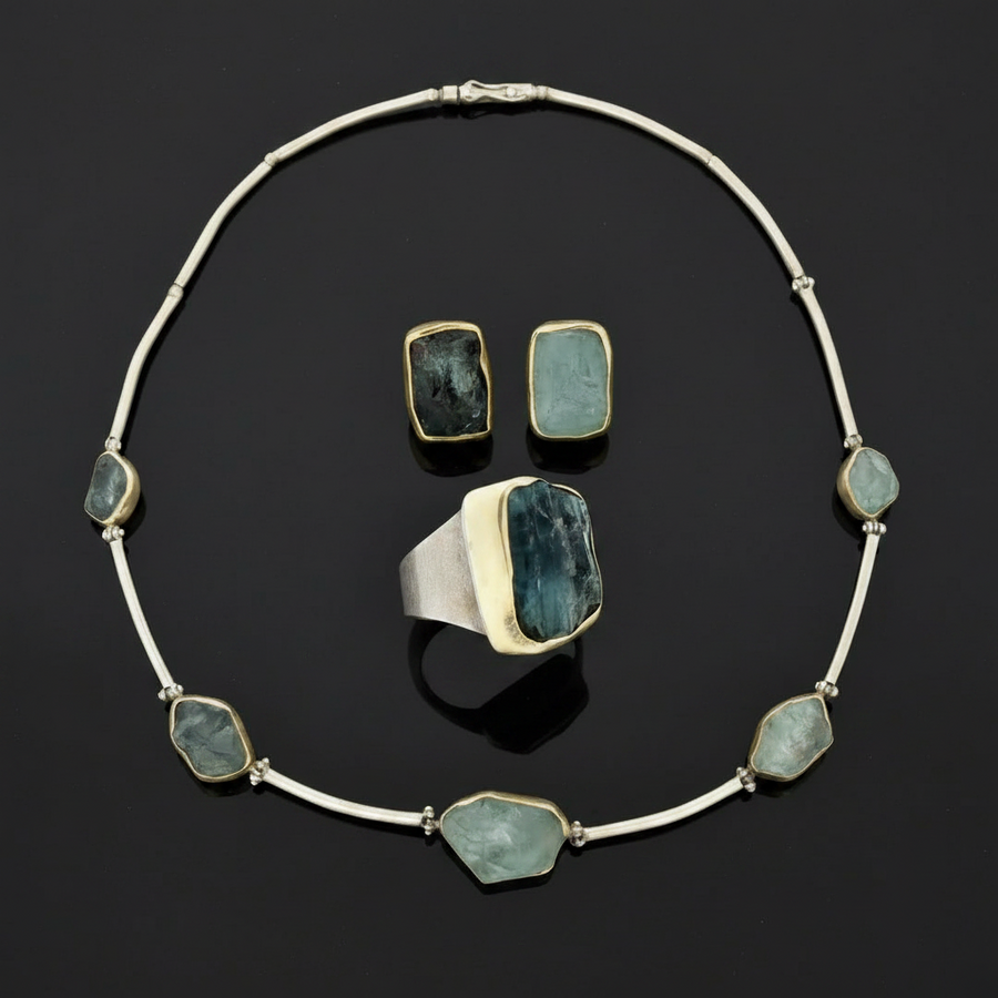 Modern Designer Rough Cut Aquamarine, Silver & 18kt Yellow Gold Set