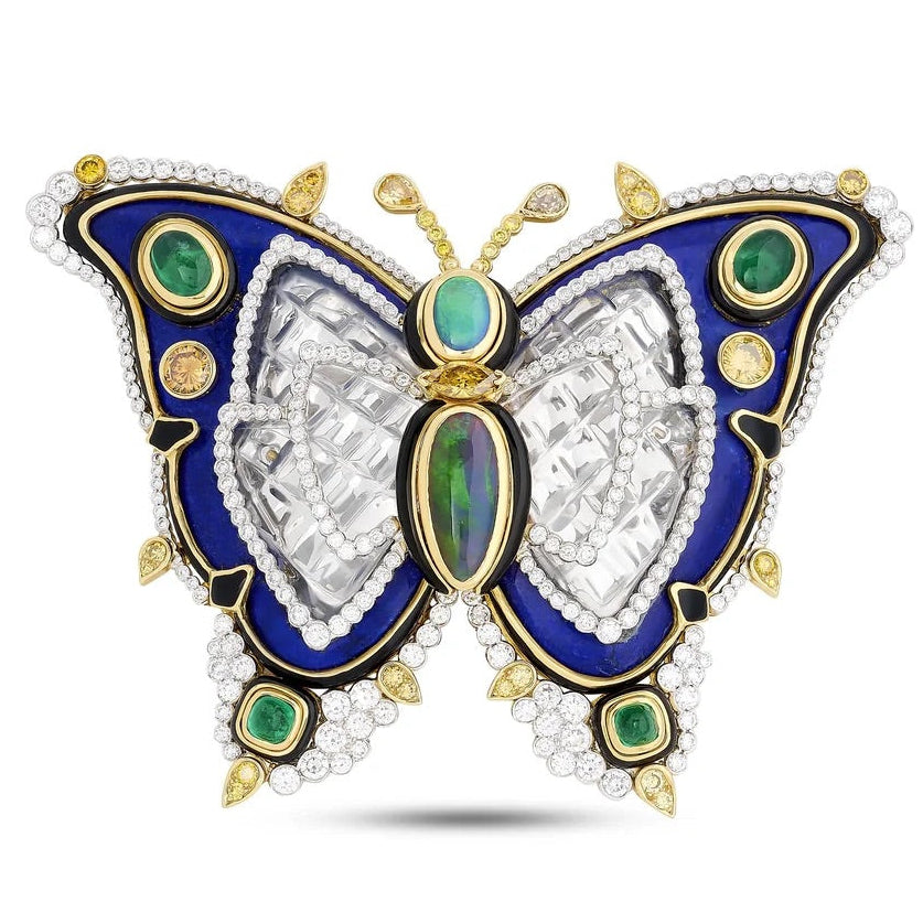 From The Museum Collection of David Webb Diamond, Black Opal, Emerald, Rock Crystal, 18Kt Yellow Gold and Platinum Butterfly Pendant Brooch