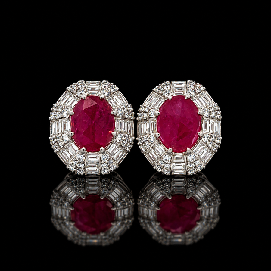 Designer Marchisio Rose Cut Ruby and Diamond 14Kt White Gold Earring