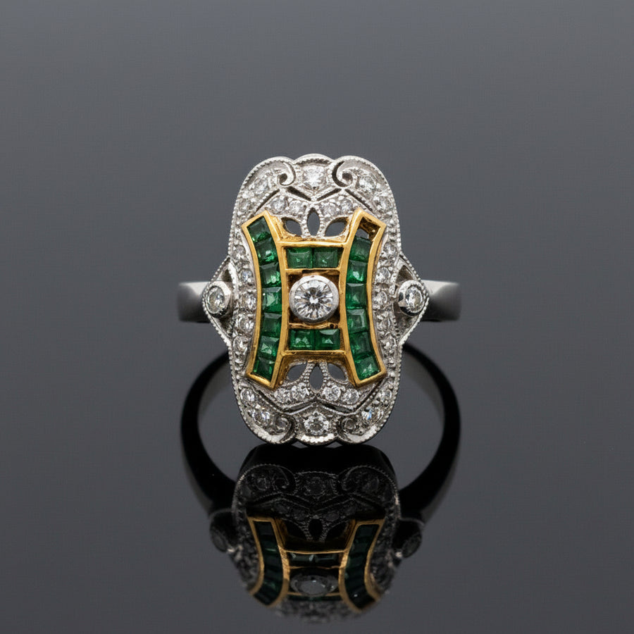 Vintage Emerald & Diamond 18K White & Yellow Gold Ring