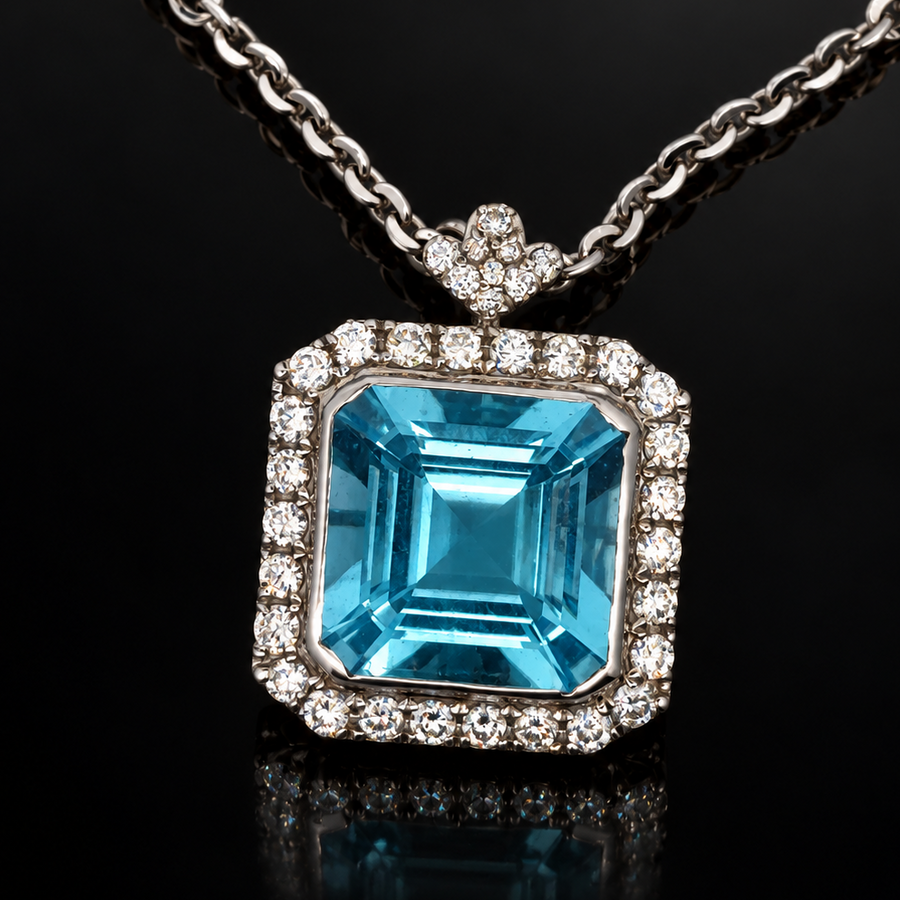 Estate Designer 5.42ct Santa Maria Aquamarine and Diamond 14K White Gold Necklace