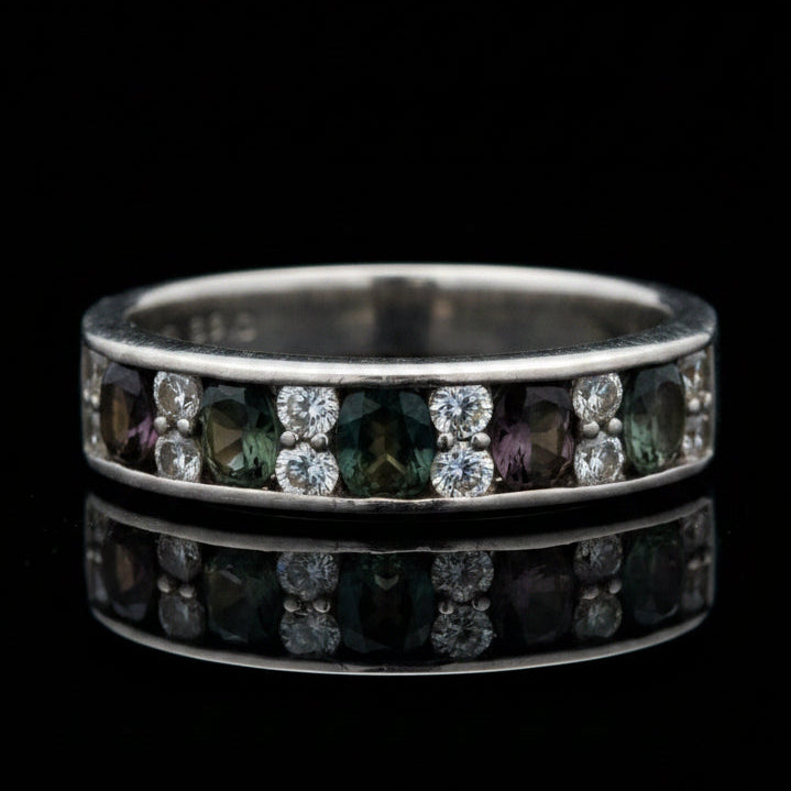 Estate Natural Color Change Alexandrite and Diamond Platinum Ring