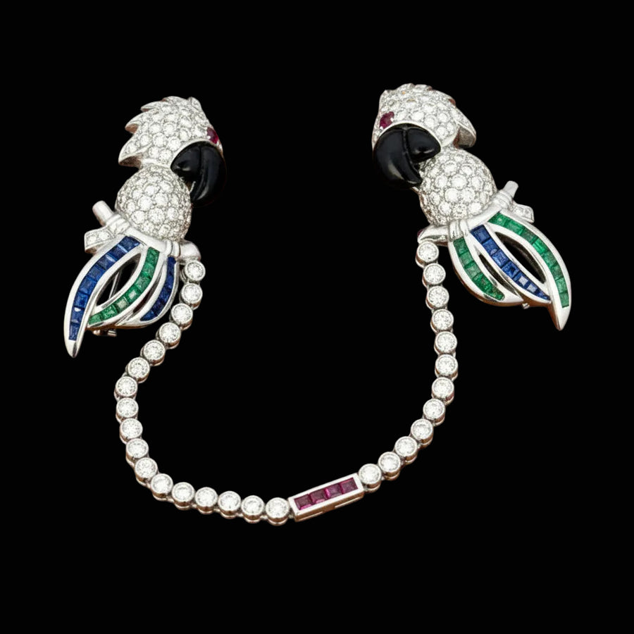 Estate Double Clip (Duette) Diamond, Onyx, Emerald, Sapphire, Ruby 18K White Gold Parrott Brooch