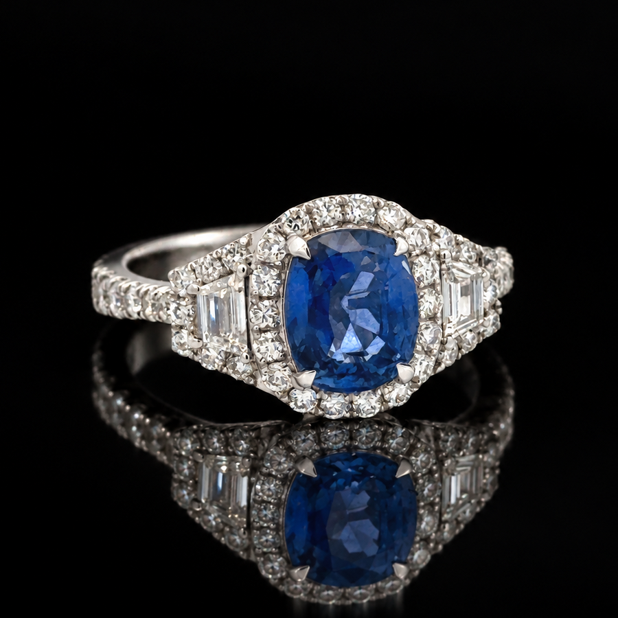 Estate Fine Sapphire & Diamond 18KT White Gold Ring