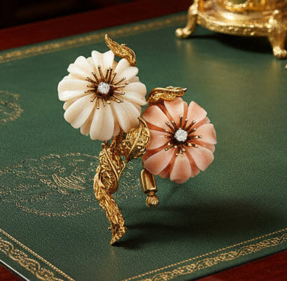 Circa 1960's Italian Angel Skin Coral and Diamond 18kt. Yellow Gold Brooch