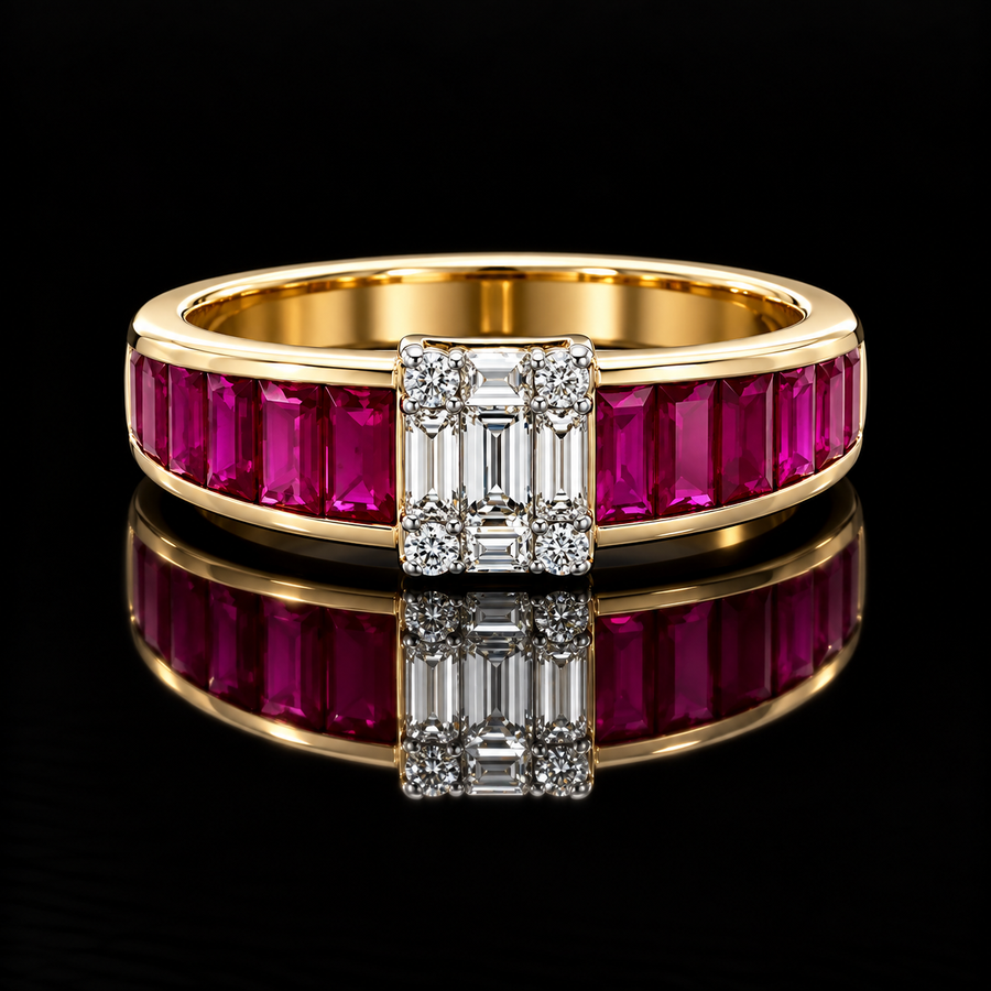 Estate Fine Ruby and Diamond 18KT Yellow Gold Ring